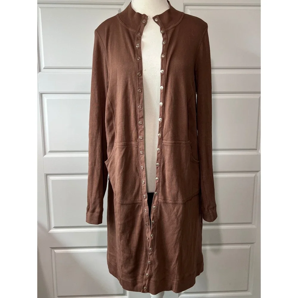 Barbara Lesser Snap Front Duster Cardigan Pockets Knit Brown Small